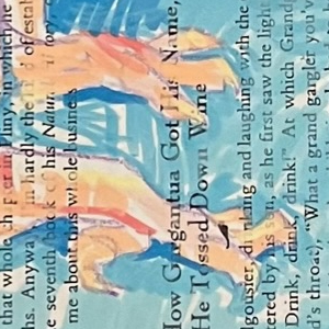 A brightly colored paint marker drawing of a slightly fuzzy baby bird on a blue background. The marks are very loose, and the drawing is done on the page of a book, so the text shows through. Above the bird’s head is a collaged magazine clipping reading “Perfect.”