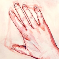 A gouache and colored pencil drawing in shades of red and dark blue of the back of the artist's right hand. In the right half of the piece is a close-up view of the tip of the middle finger, which is slightly unusually shaped due to scarring. Very faintly written at the bottom of the piece are the words 'Result of a childhood incident involving a slide and a large toy truck' in all caps.