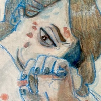 Gouache paint and colored pencil drawing of a nude figure with wavy brown hair and top surgery scars picking at their skin while sitting in a background. The figure has one hand lifted to pick at a red dot on their front arm, obscuring their face. Similar red dots are scattered over the skin of the figure, as well as brown body hair. In the foreground, there is a gray metal trash can, and in the background there is a shower/bathtub unit with a white shower curtain.