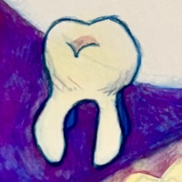 Gouache paint and colored pencil drawing of various dental motifs in cyan, magenta, pale yellow, and white