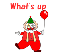 A clipart clown saying "Whats up?" while holding a balloon.