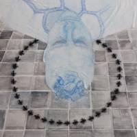 An upside-down portrait of a blue figure lying on a gray tiled floor. The figure's head is cracked open, and chunks of jelly-like substance spill out onto the ground. A ring of ants circles the figure's head like a halo